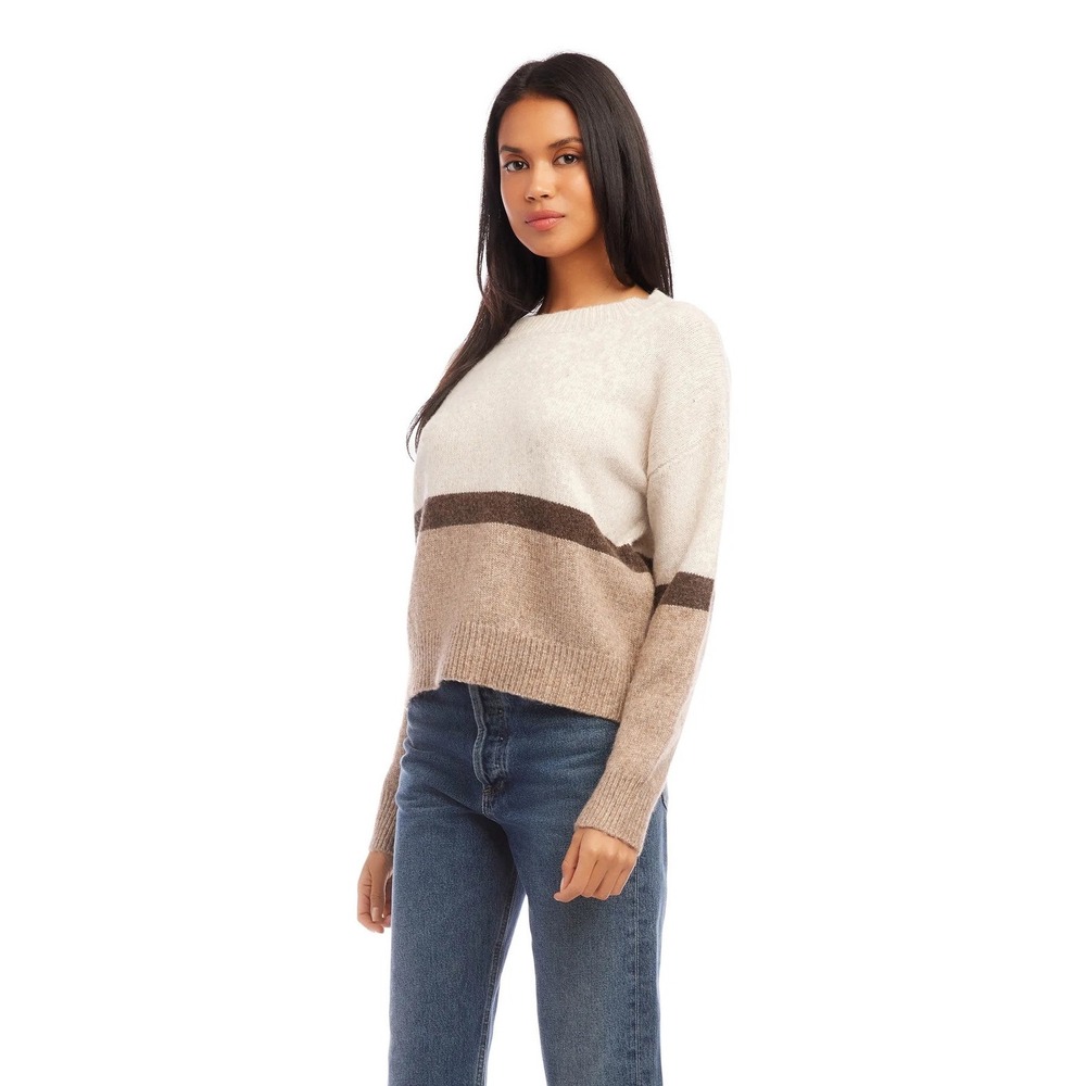 Fifteen Twenty Womens XS Colorblock Mohair Wool Blend Crewneck Sweater Cream Tan
